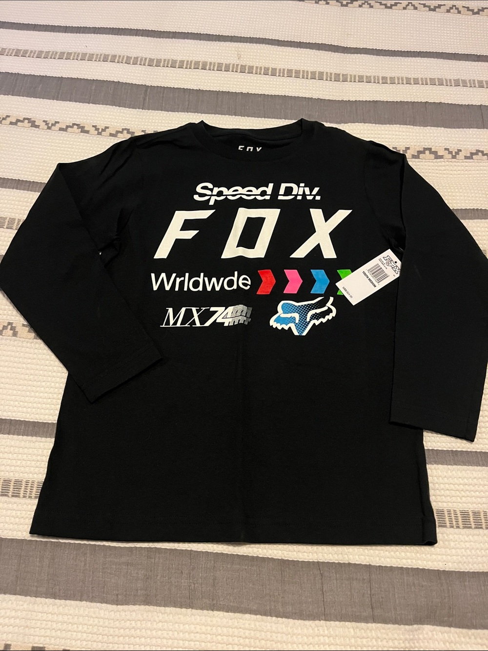 Fox Black Long Sleeve Tee with White Logo and Multicolor Chevron